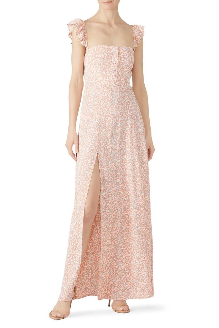Flynn Skye Women's XL Pink Floral Bardot Maxi Dress Boho Chic Cottagecore S1-2